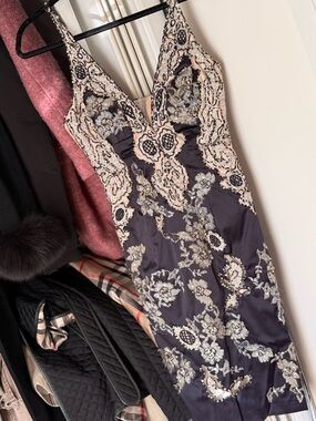 Embellished Navy and Blush V-Neck Evening Dress